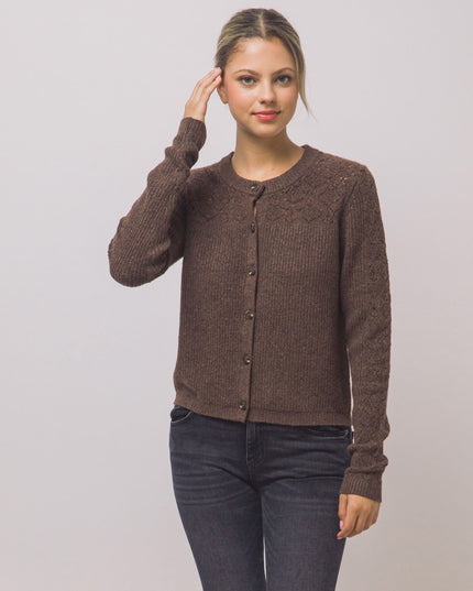 Pointelle Knit Sleeve Contrast Ribbed Button Down Cardigan Sweater