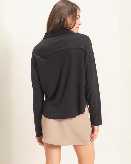 Patch Pockets Textured Button Up Collared Top