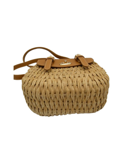 Square Double Buckle Vegan Leather Closure Straw Shoulder Bag