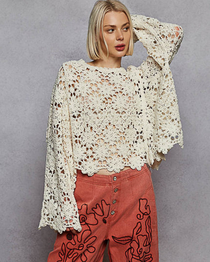 Boho Crochet Knit Scallop Hem Flare Long Sleeve Top