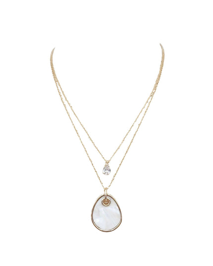 White Shell Teardrop Crystal Charm Double Dainty Chain Necklace