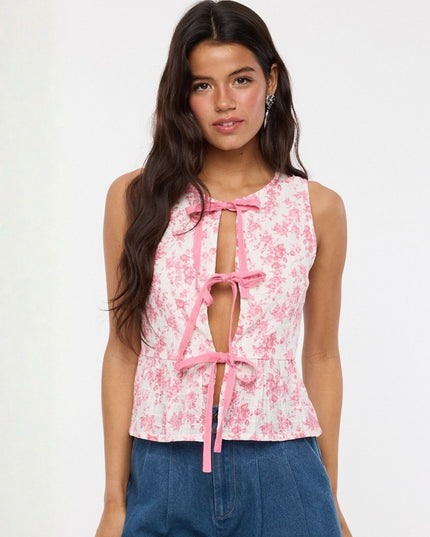 Floral Triple Ribbon Tie Front Sleeveless Top