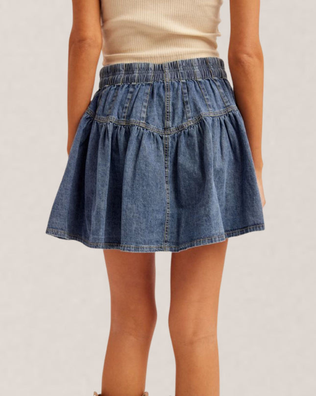 Pleated Yoke Elastic Tie Waist Denim Mini Skirt