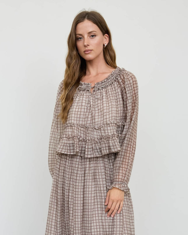 Plaid Smocked Neckline Front Tie Long Sleeve Top