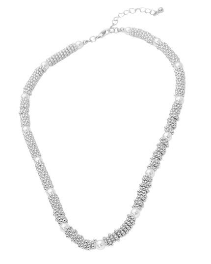 Pearl Accent Textured Metal Tube Beaded Necklace