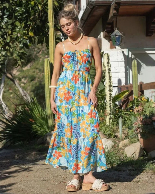 Hibiscus Flower Printed Spaghetti Strap Maxi Dress