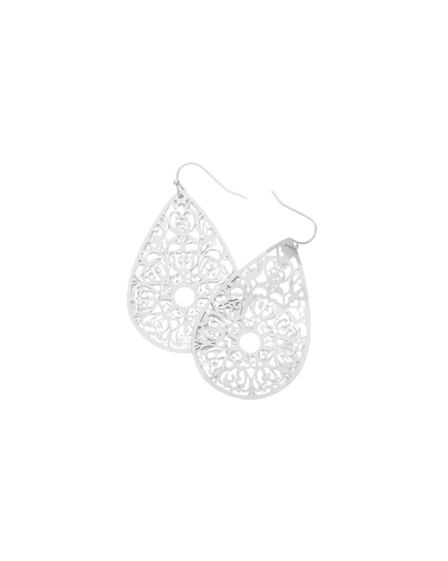 Teardrop Metal Heart Cut Out Filigree Dangle Earrings