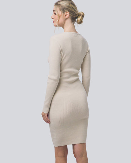 Ribbed Long Sleeve Overlay Neckline Knee Length Sweater Dress