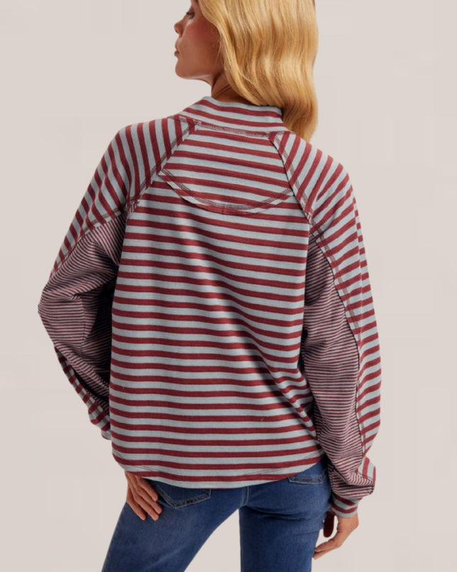 Striped Mixed Mock Neck Long Sleeve Top