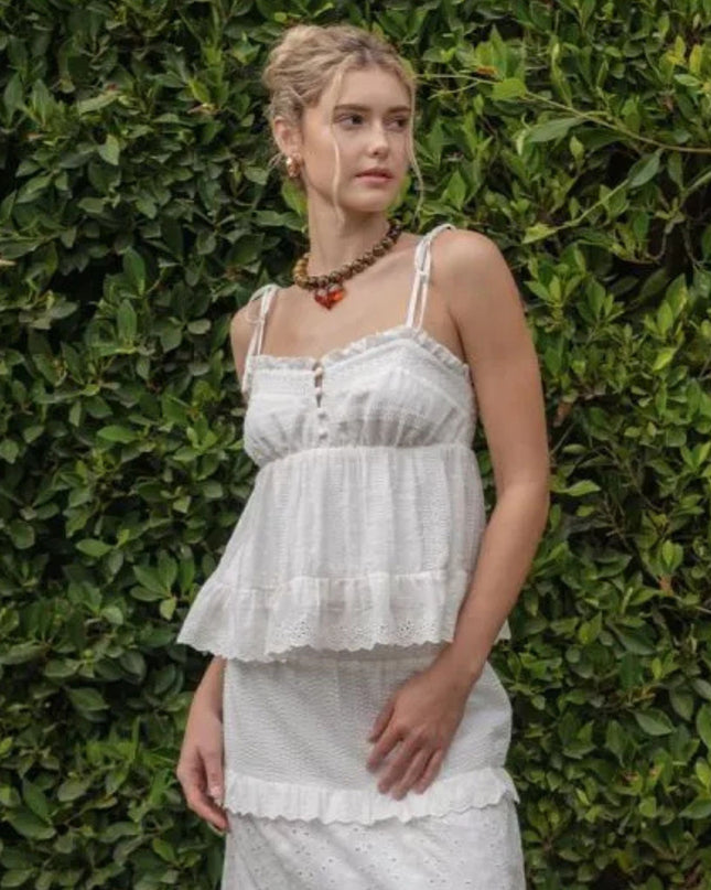 Tie Shoulder Eyelet Embroidered Ruffle Neckline Top