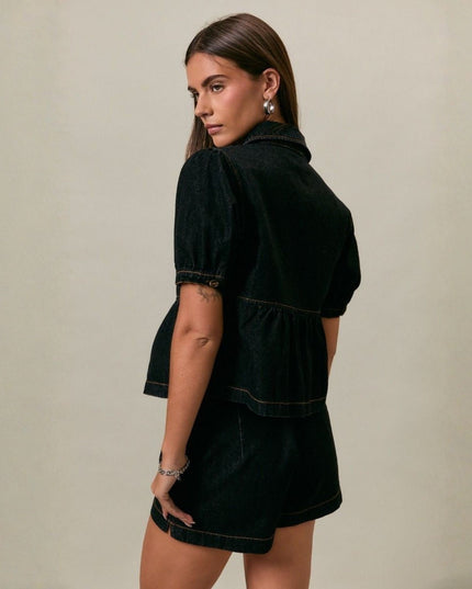 Collared Puff Short Sleeve Denim Top
