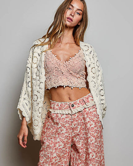 Batwing Sleeve Chenille Floral Crochet Sweater