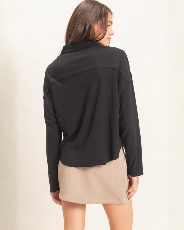 Patch Pockets Textured Button Up Collared Top