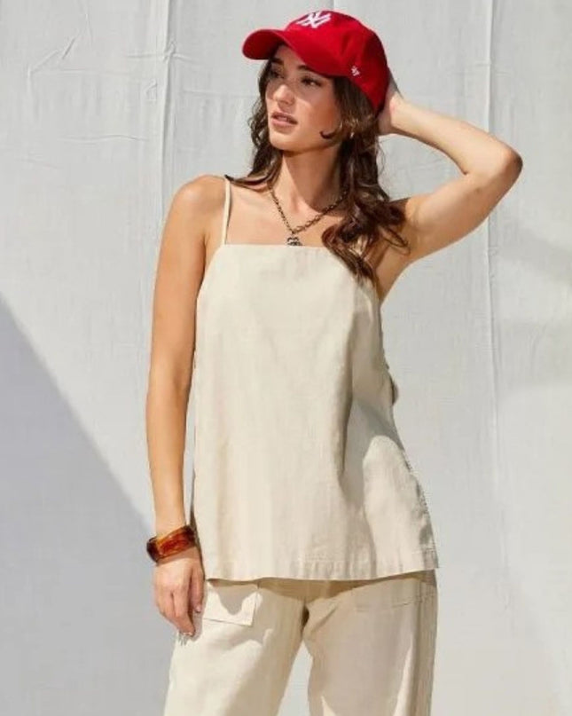 Button Side Linen Split Open Tank Top
