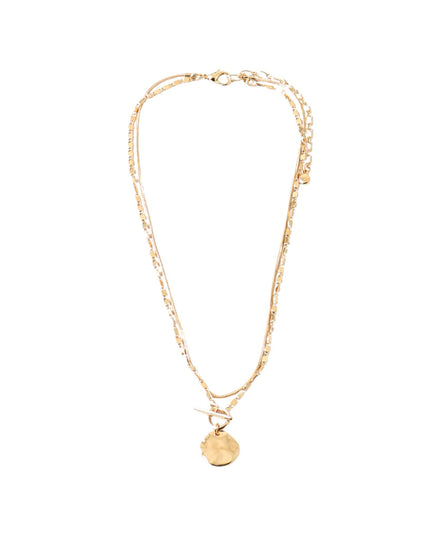Hammered Disc Charm Delicate Double Chain Toggle Necklace