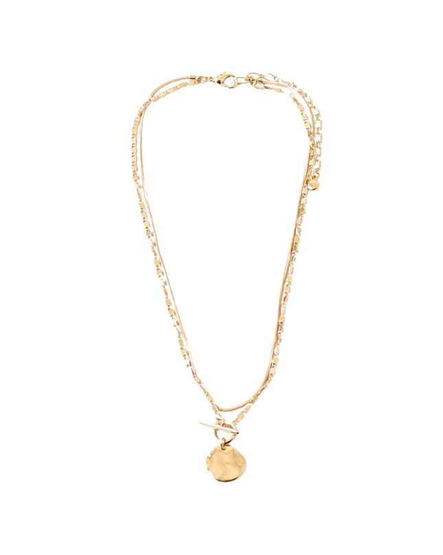 Hammered Disc Charm Delicate Double Chain Toggle Necklace