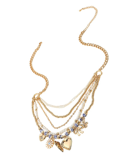 Blue Floral Ceramic Heart Locket Bow Pearl Beaded Multi Layered Necklace