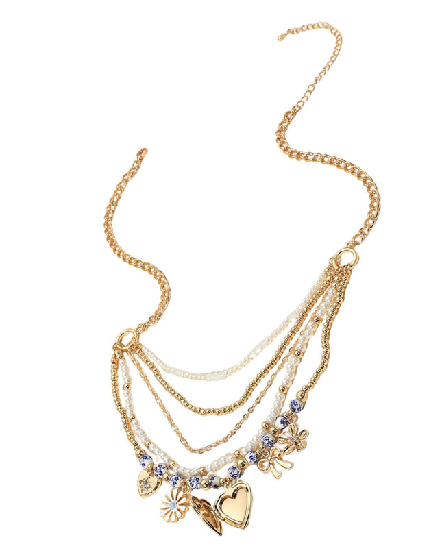 Blue Floral Ceramic Heart Locket Bow Pearl Beaded Multi Layered Necklace