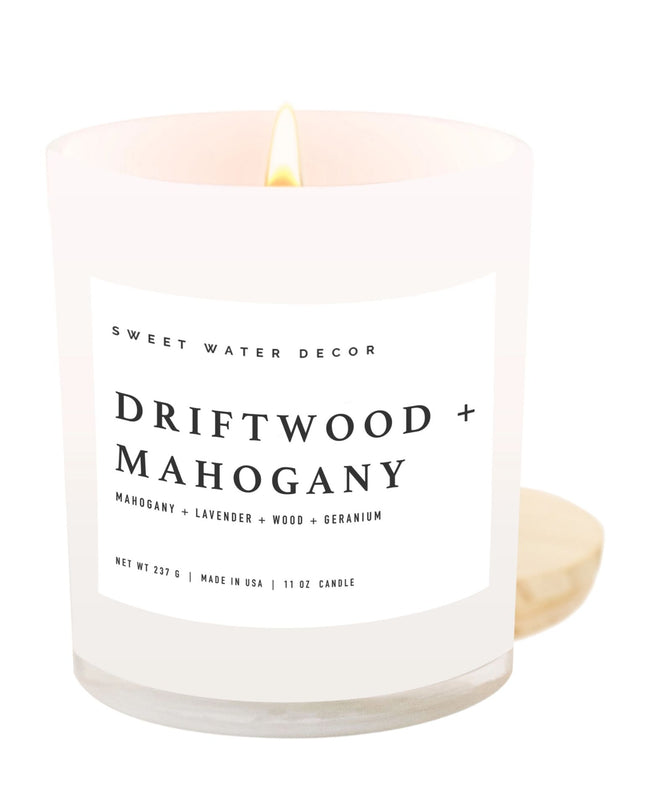 Driftwood & Mahogany 11oz White Jar Soy Candle