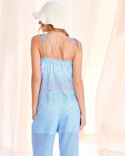 Eyelet Striped Tie Spaghetti Straps Scallop Lace Hem Top