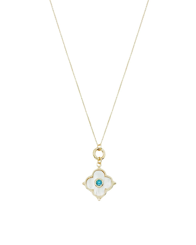 CZ Stone Center Shell Clover Ring Pendant Dainty Gold Chain Necklace