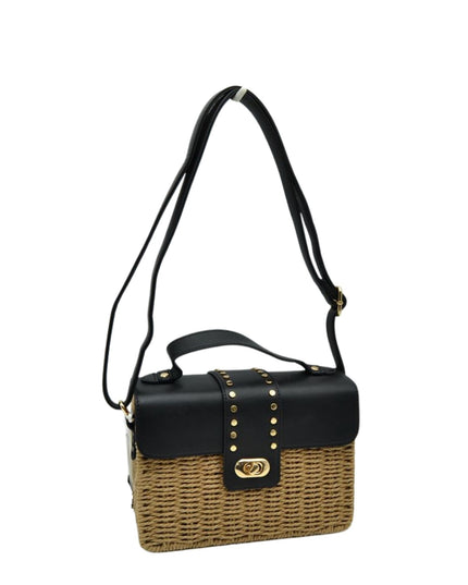 Boxy Straw Vegan Leather Detail Shoulder Bag