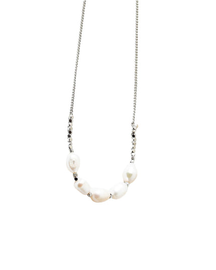 Metal Cube Bead 5 Oval Pearl Chain Necklace