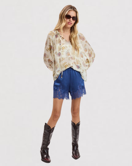 Satin Lace Trim Elastic Waist Shorts