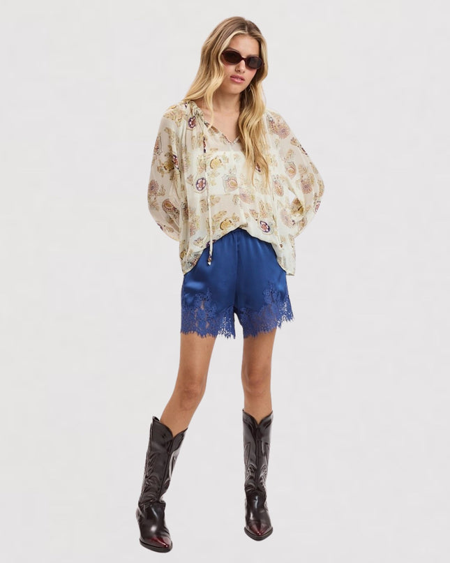Satin Lace Trim Elastic Waist Shorts