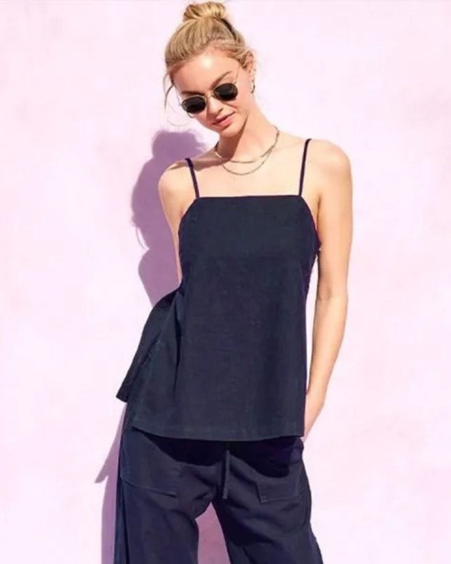 Button Side Linen Split Open Tank Top