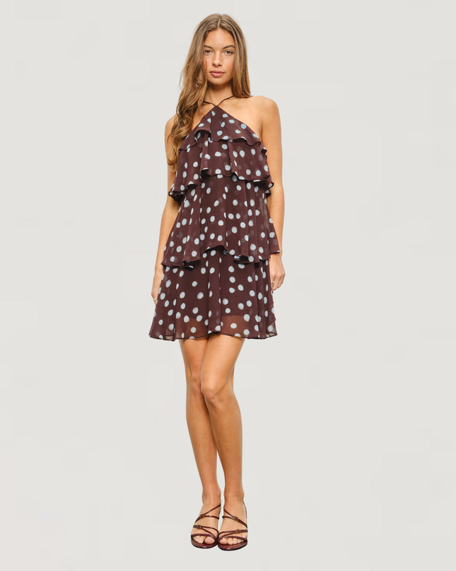Hyo Polka Dot Tiered Ruffle Tie Back Halter Mini Dress
