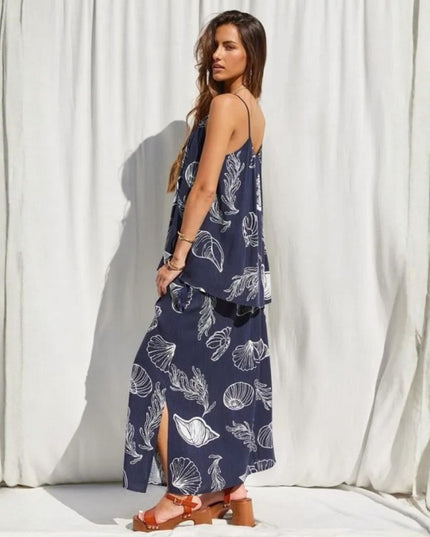 Smocked Waist Seashell Printed Maxi Skirt