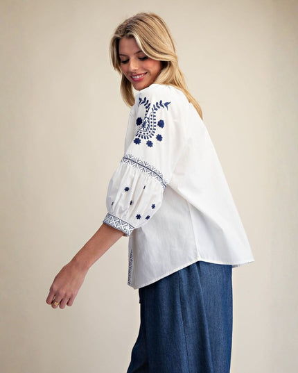 Embroidered Detail 3/4 Sleeve Top