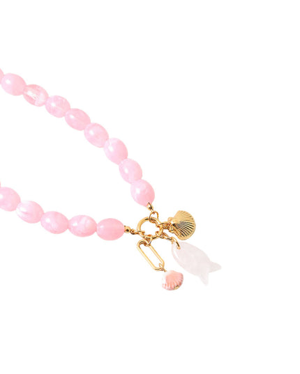 Natural Stone Beaded Fish Gold Metal Fish Ring Charm Necklace