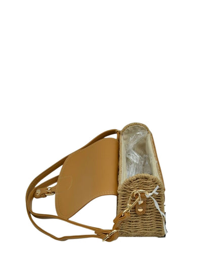 Belt Closure Leather & Structure Straw Crossbody Bag