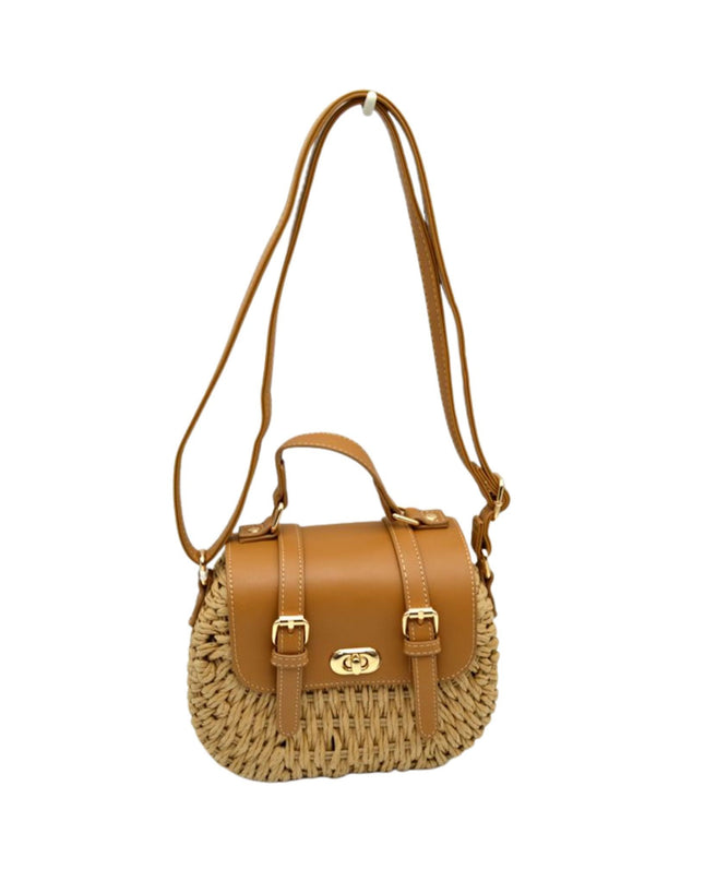 Square Double Buckle Vegan Leather Closure Straw Shoulder Bag