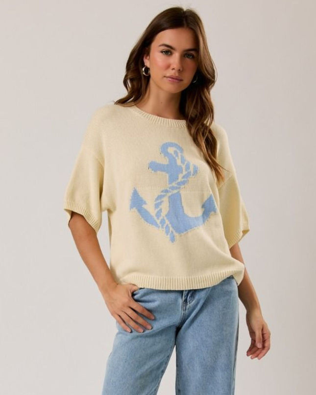 Anchor Round Neck Short Sleeve Sweater