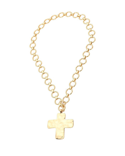 Hammered Metal Cross Pendant Chunky Chain Toggle Necklace