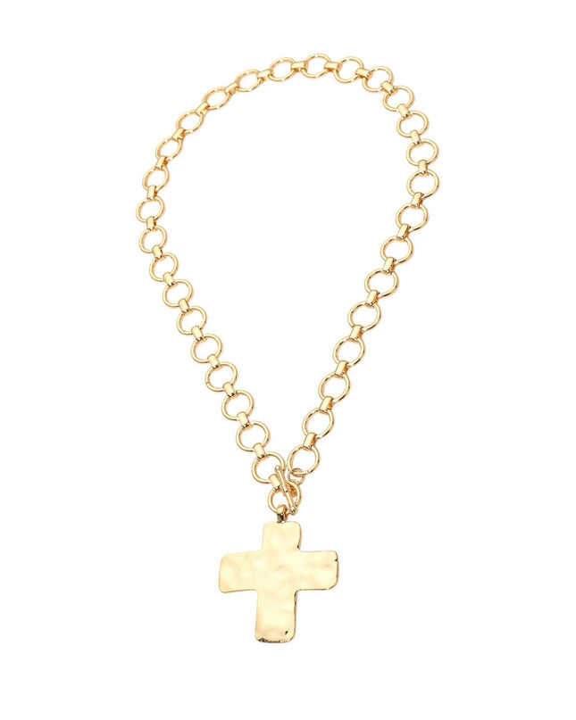 Hammered Metal Cross Pendant Chunky Chain Toggle Necklace