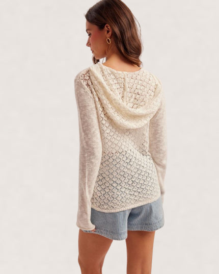Crochet Back Front Pocket Henley Hooded Sweater