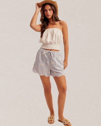 Pineapple Embroidered Scallop Hem Striped Elastic Waist Shorts
