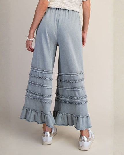 Tiered Ruffle Hem Elastic Drawstring Waist Wide Leg Pants