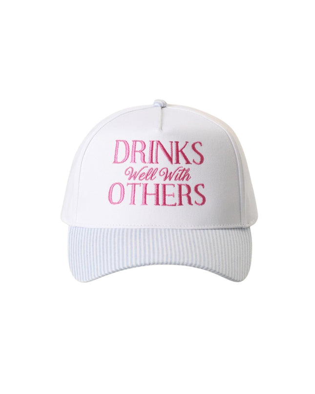 Drink Well With Others Embroidered Seersucker Striped Brim Trucker Hat