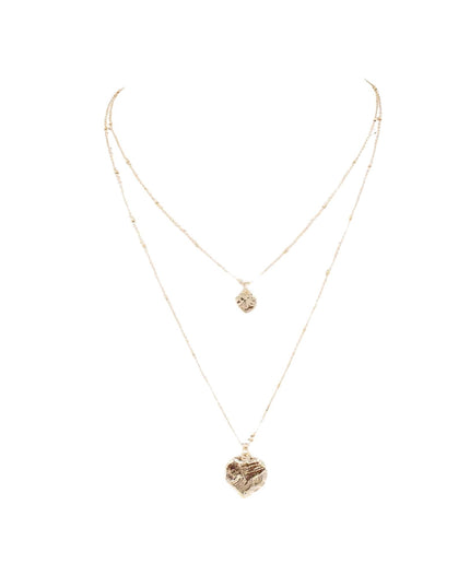 Textured Heart Square Pendant Spaced Ball Bead Chain Double Layered Necklace
