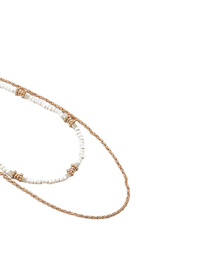Wood Beaded Spaced Gold bead Twisted Metal Chain Double Layered Necklace