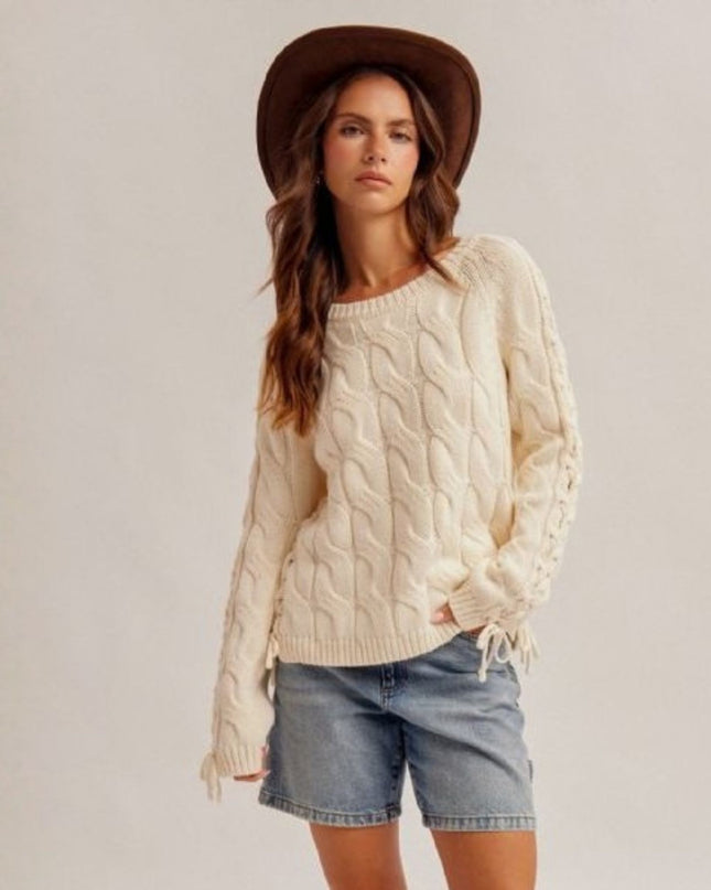 Tie Lace Up Sleeve & Side Cable Knit Sweater
