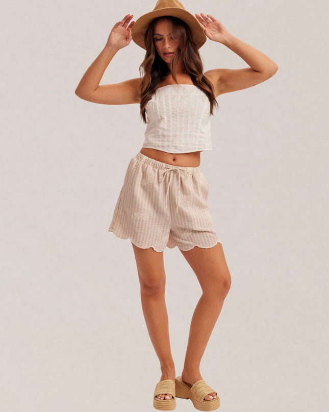 Pineapple Embroidered Scallop Hem Striped Elastic Waist Shorts