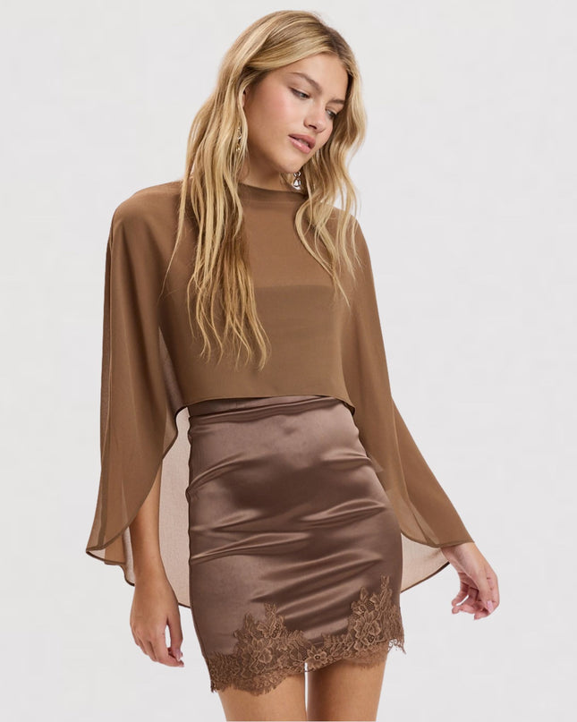 Sheer Shawl Lace Trim Satin Mini Dress