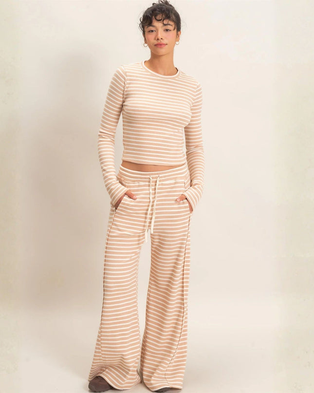 Wide Leg Striped Ribbed Elastic Drawstring Waist Pants