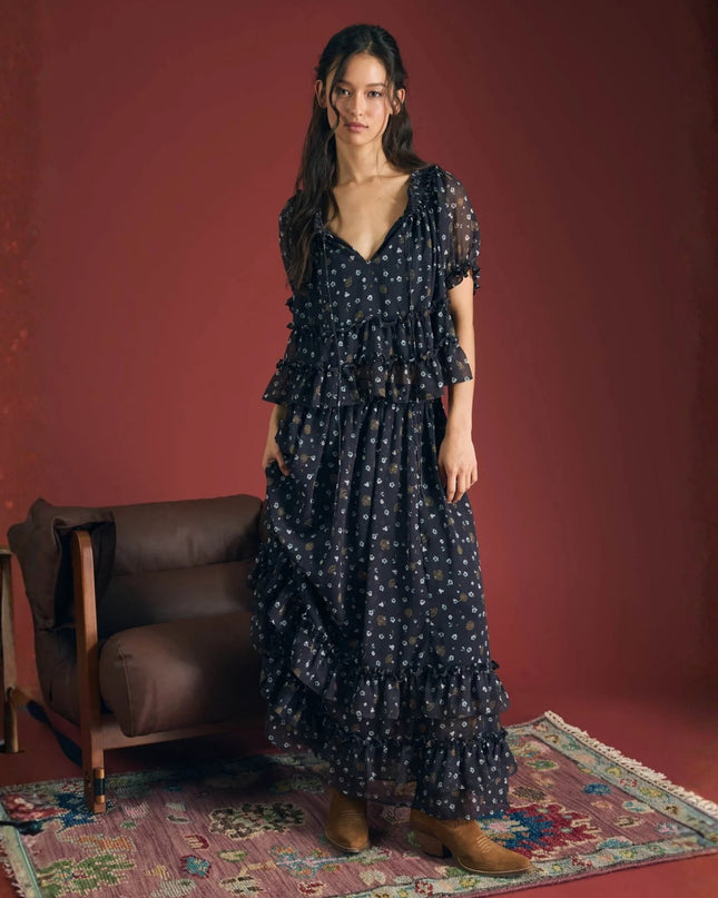Floral Printed Ruffled Tiered Hem Midi Skirt